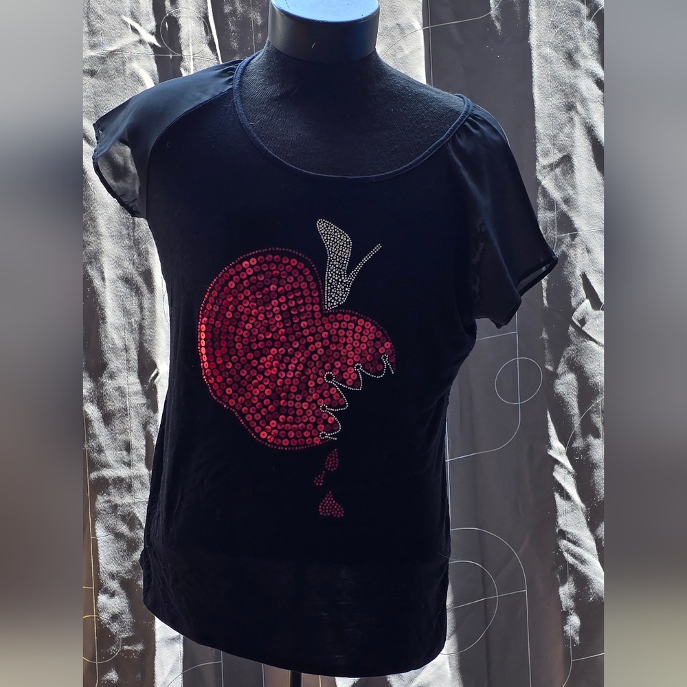 Disney Black Graphic T-Shirt with Red Apple Design